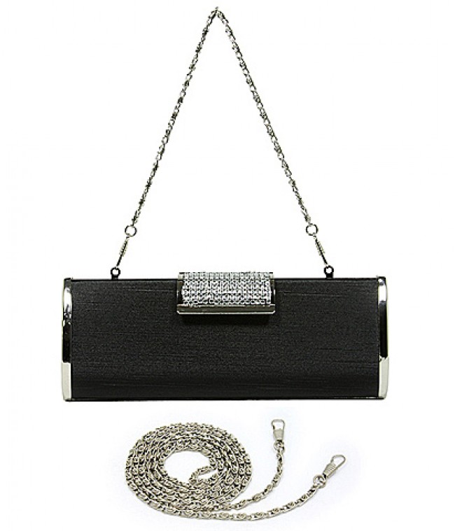 Evening Bag - Hard Case w/ Rhinestone Accent Flap Closure - Black - BG-M1023SL-BK
